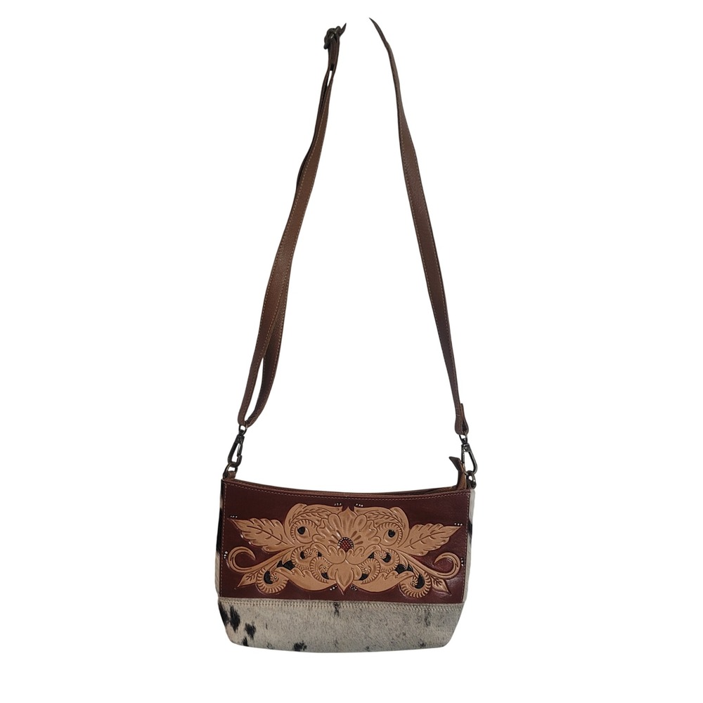 Tooled Leather Cowhide Crossbody Bag Brown Floral Western Small Boho Festival